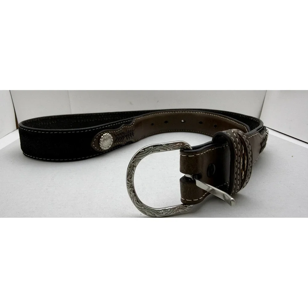 Nocona Belt Co Brown Leather Western‎ Horsehair Inlay Concho Belt SZ 28 N441580